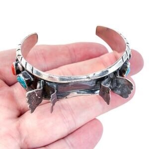 Vintage Milton Lasiloo Native Zuni Sterling Silver Turquoise Coral Watch Cuff 6"